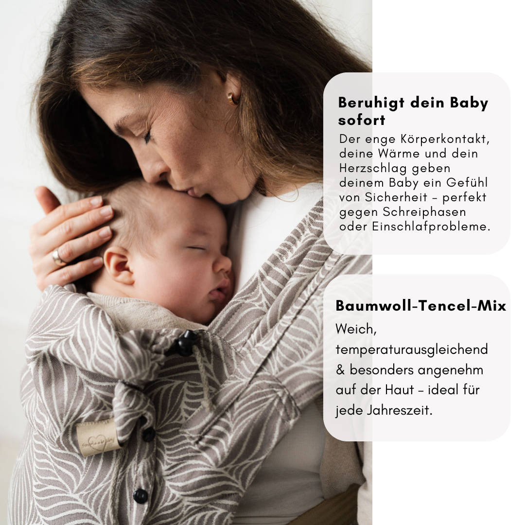 Ergonomische Babytrage ab Geburt aus Baumwolle – unterstützt Anhock-Spreiz-Haltung und beruhigt dein Baby sofort