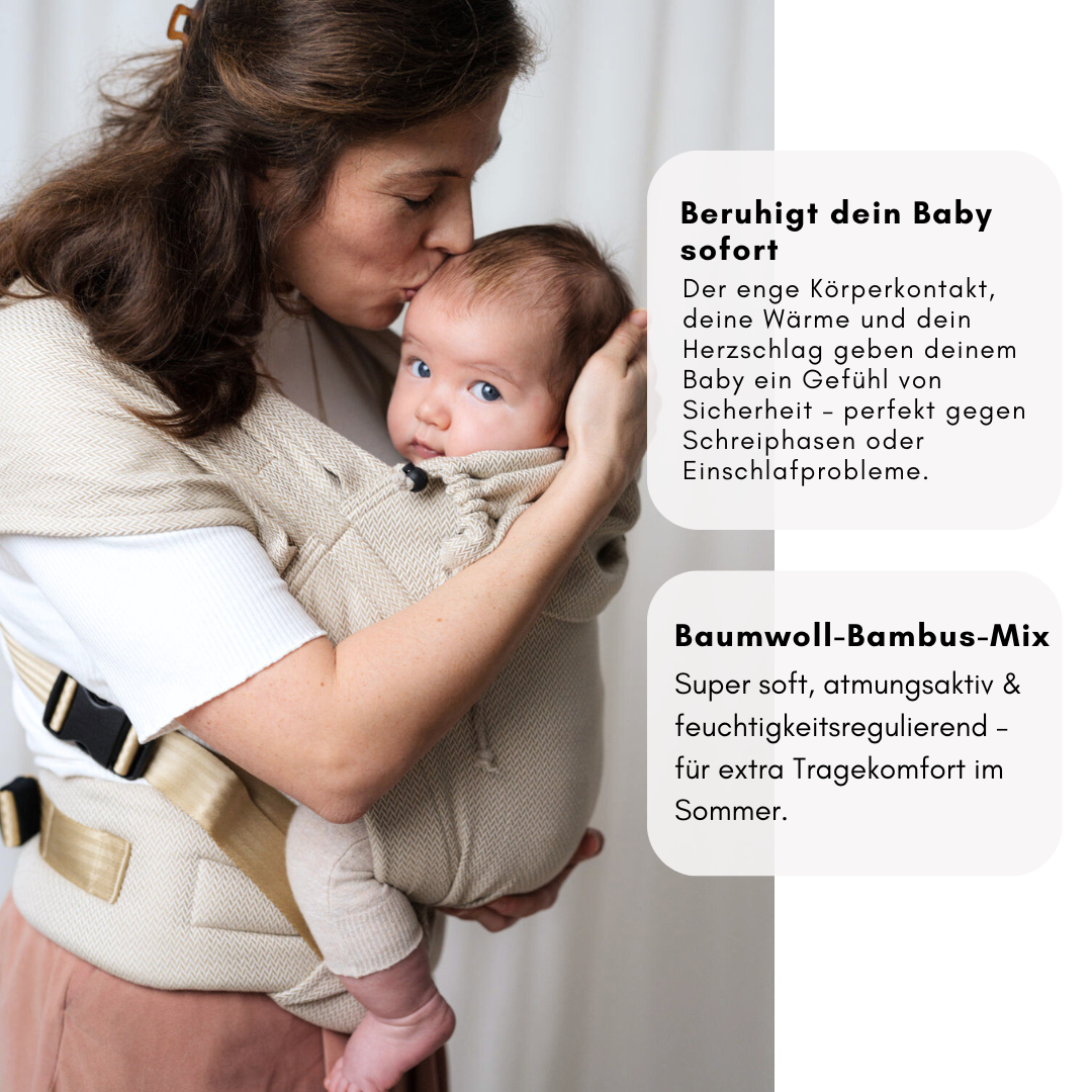 Ergonomische Babytrage ab Geburt – unterstützt Anhock-Spreiz-Haltung und beruhigt dein Baby sofort