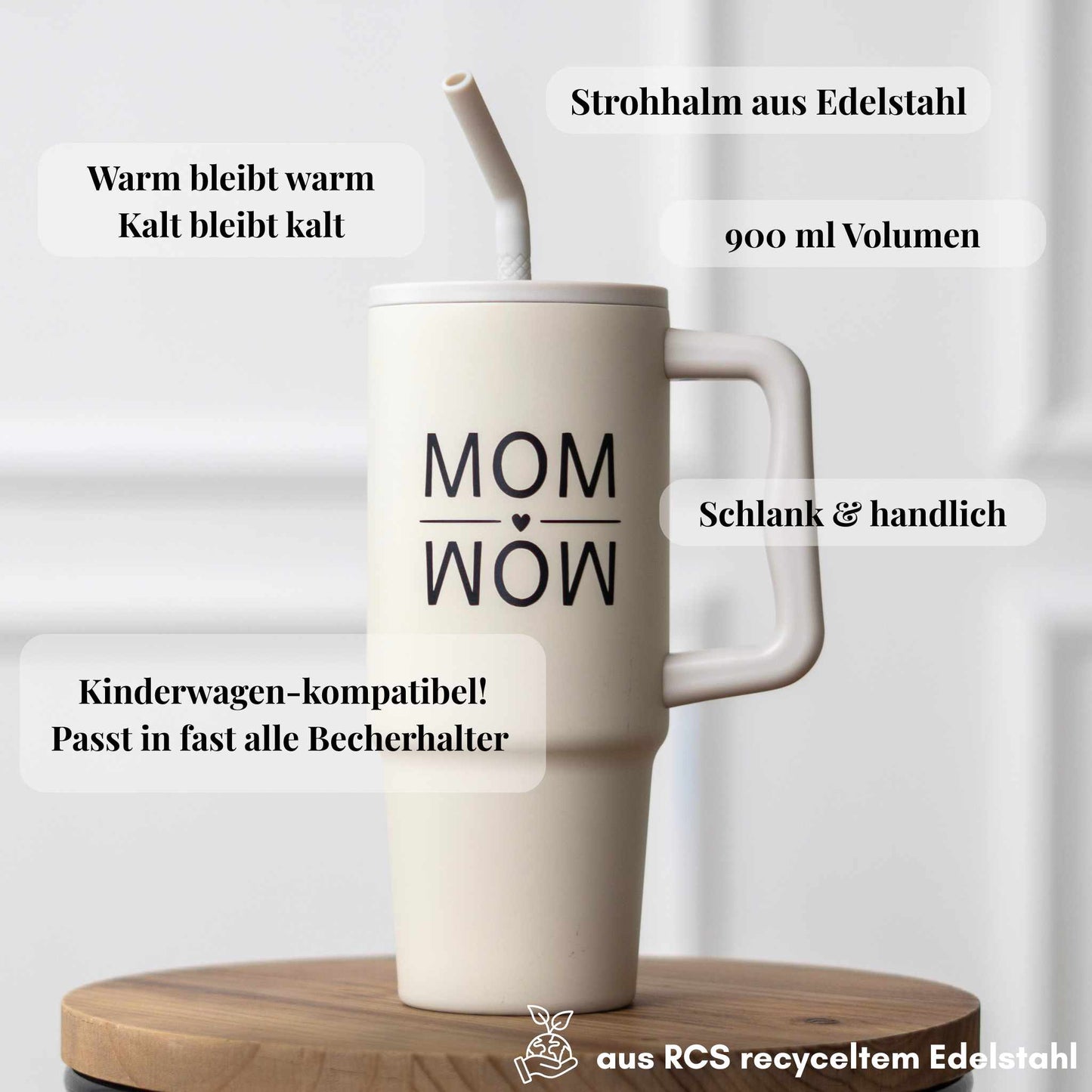 MOM/WOW Becher als Trink-Reminder für Mamas – schlanker Thermobecher für Kinderwagen-Becherhalter