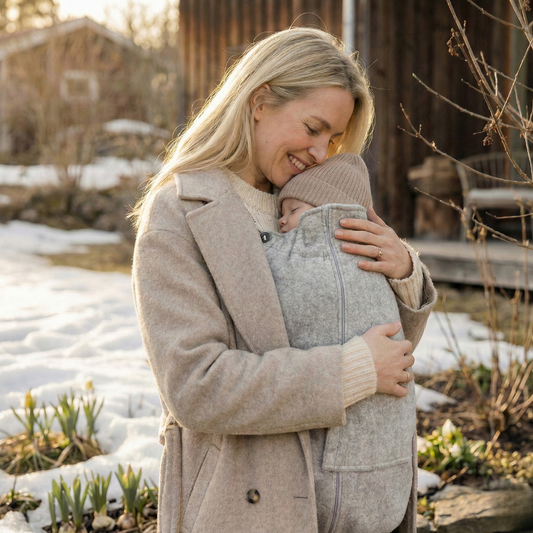 Baby im Tragetuch mit Tragecover aus Wollwalk in Beige – natürlicher Wetterschutz für Herbst und Winter, flexibel einsetzbar bei jedem Tragesystem - grau