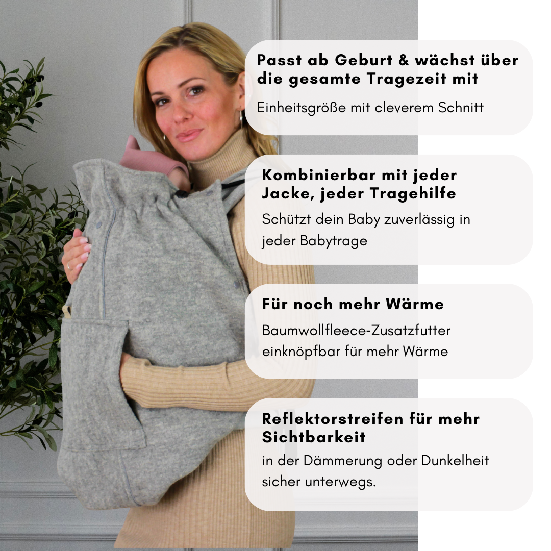 Mitwachsendes Tragecover für alle Babytragen – Einheitsgröße ab Geburt, kombinierbar mit jeder Jacke, mit einknöpfbarem Baumwollfutter und Reflektorstreifen für Sicherheit