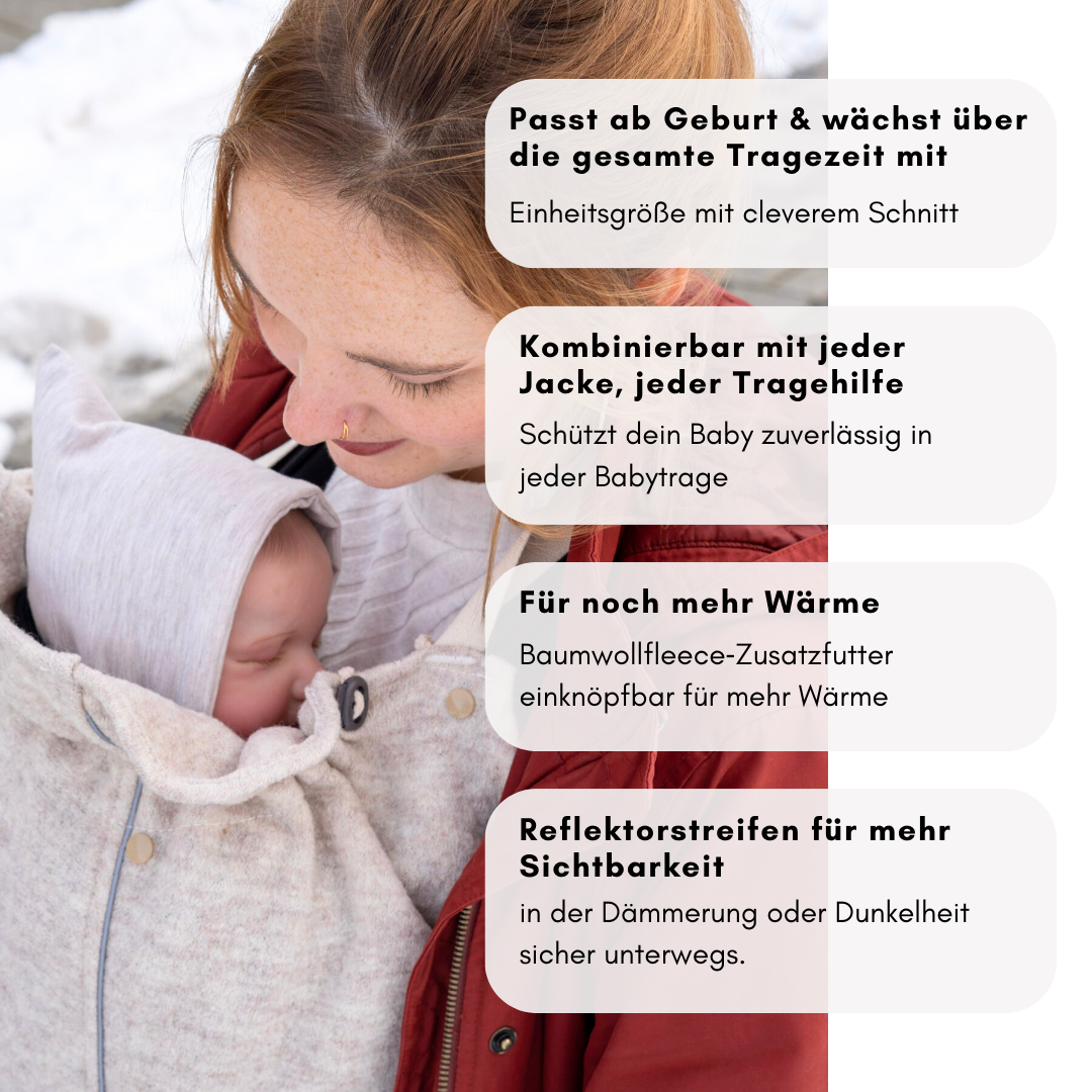 Mitwachsendes Tragecover für alle Babytragen – Einheitsgröße ab Geburt, kombinierbar mit jeder Jacke, mit einknöpfbarem Baumwollfutter und Reflektorstreifen für Sicherheit